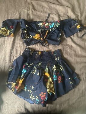 Navy Floral Two-Piece Crop Top & Skirt Set